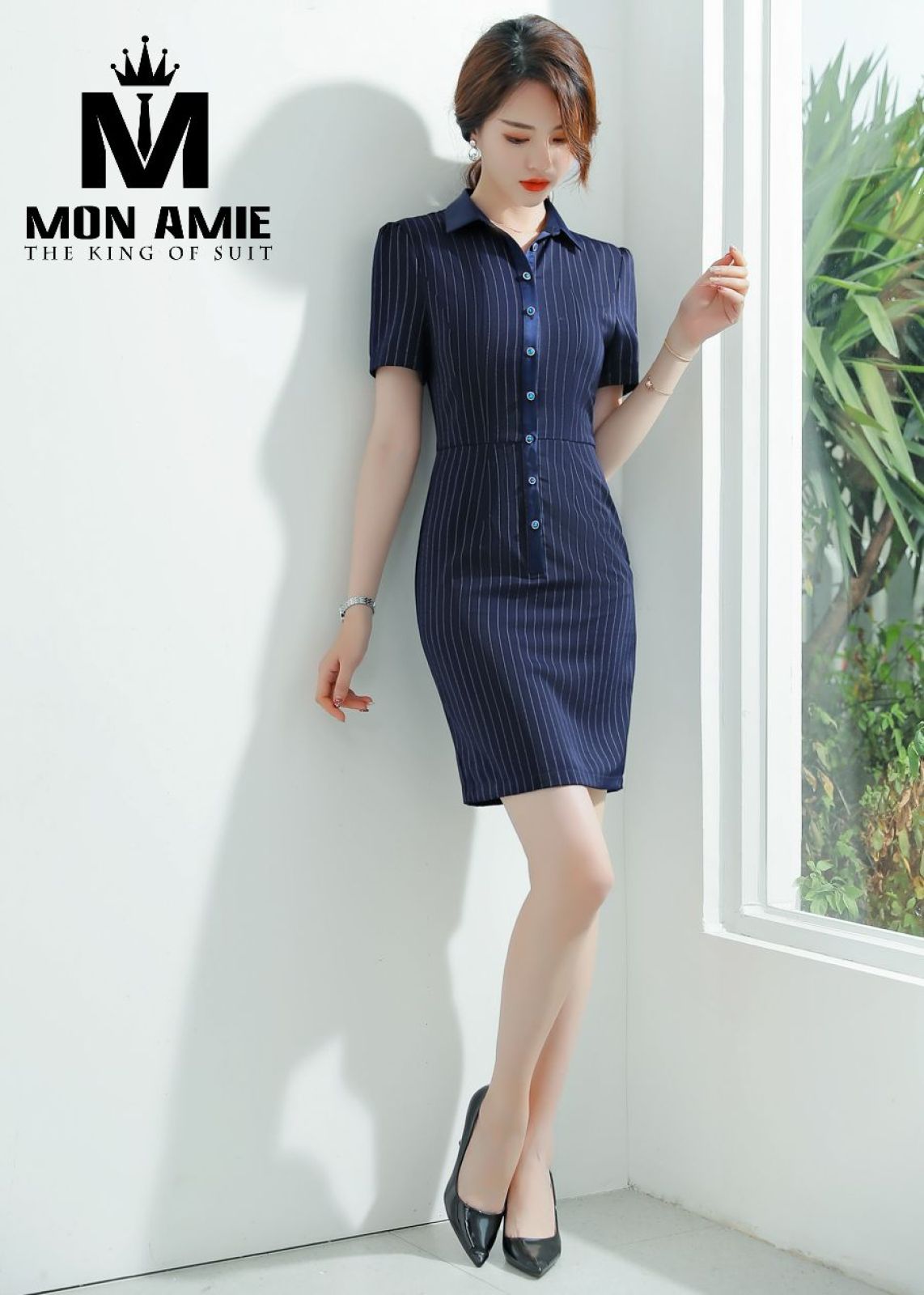 Shirt Tulip Navy Striped Dress With Short Sleeves 